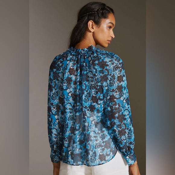 by Anthropologie Sheer Blue Floral Printed Peasant Blouse Size Small Flowy 18 - Picture 8 of 10